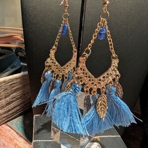 Gold and Blue Tassel Earrings